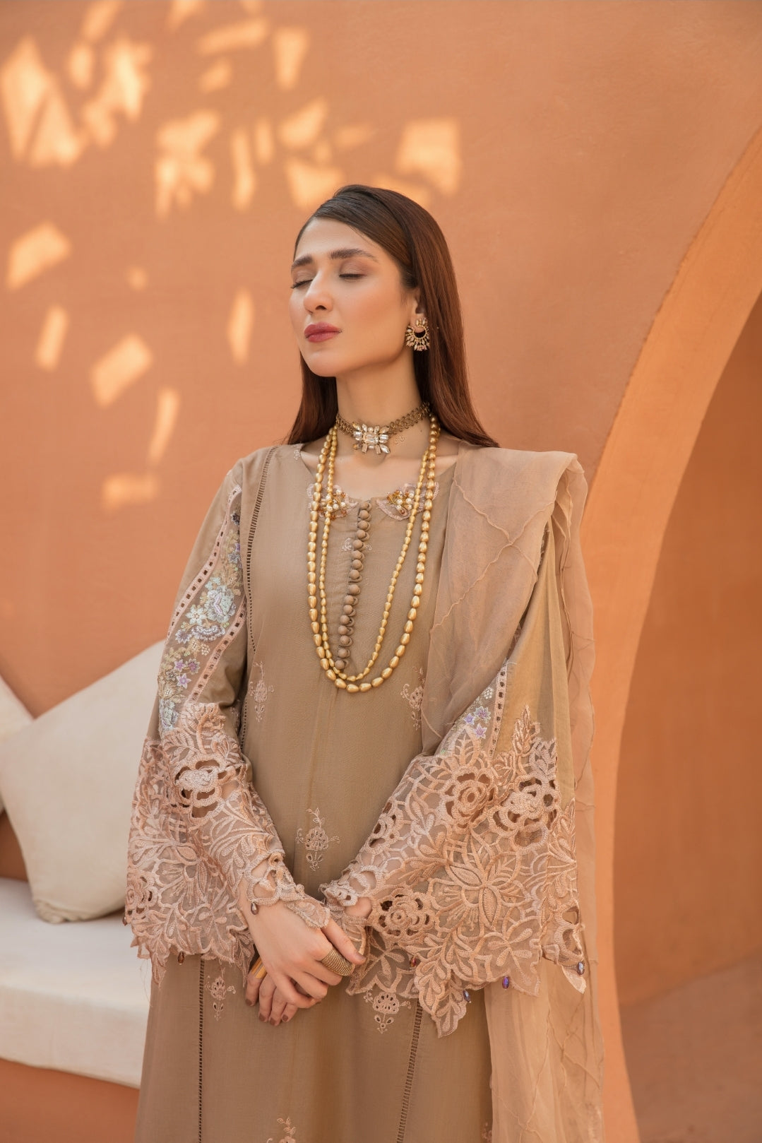 (CARAMEL) 3 Pc "NAKHRA" Embroidered Luxury Lawn By Simrans
