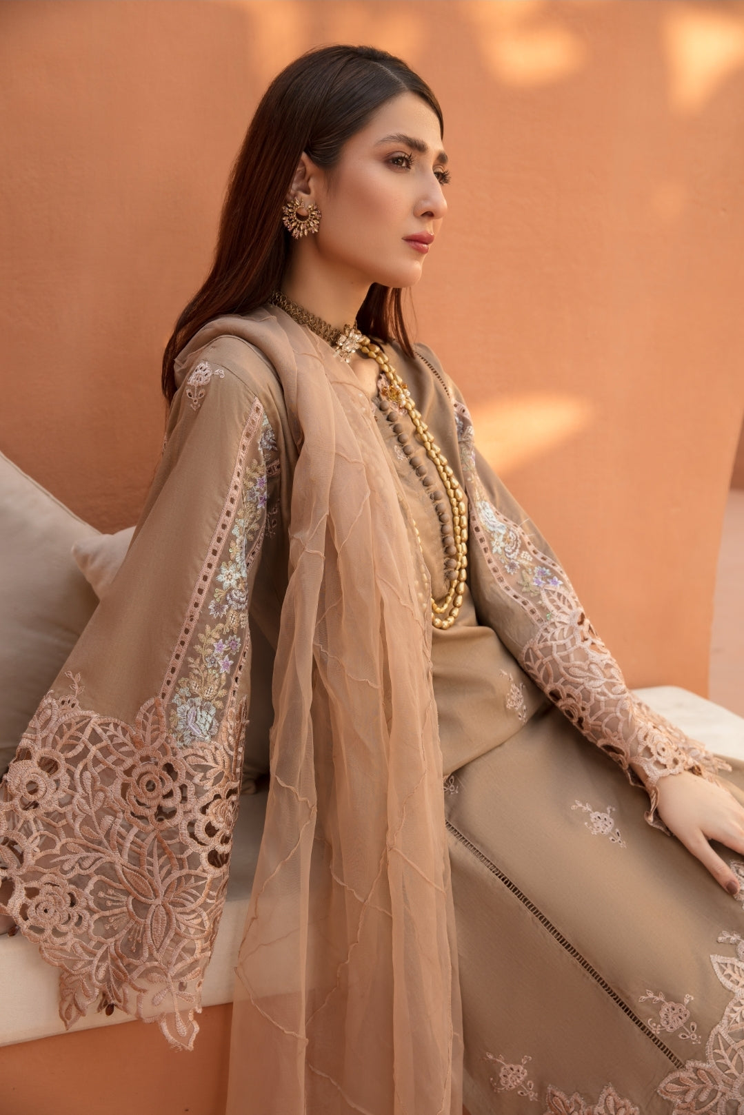(CARAMEL) 3 Pc "NAKHRA" Embroidered Luxury Lawn By Simrans