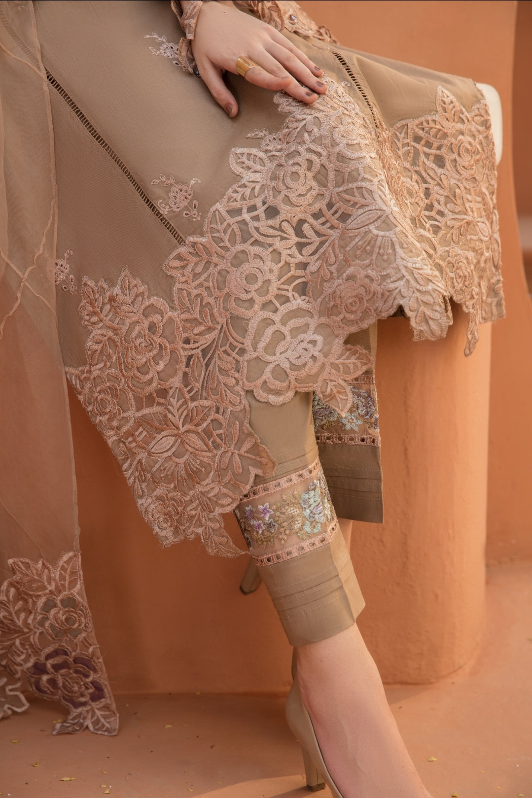 (CARAMEL) 3 Pc "NAKHRA" Embroidered Luxury Lawn By Simrans