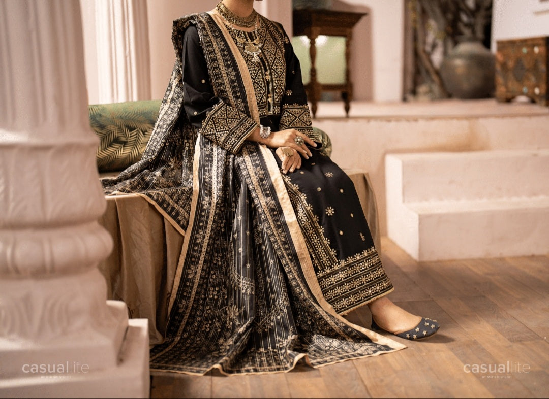 (Black) 3 Pc Embroidered Cotton Collection - Casual lite