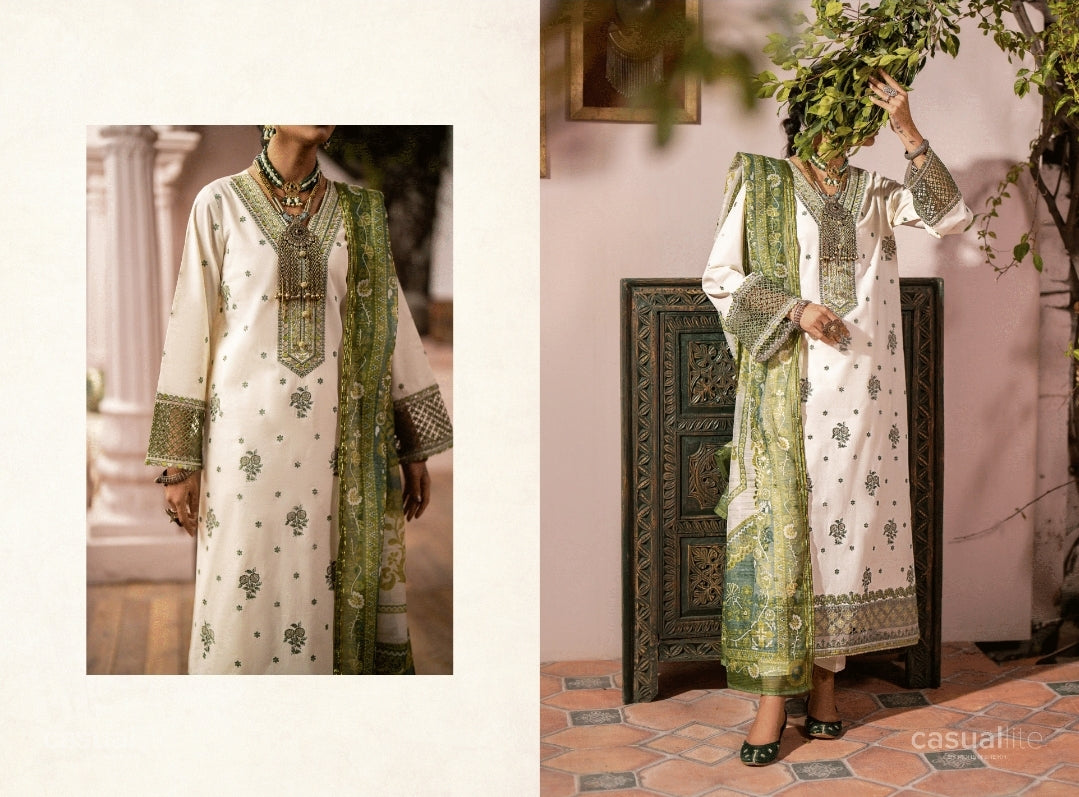 (White) 3 Pc Embroidered Cotton Collection - Casual lite