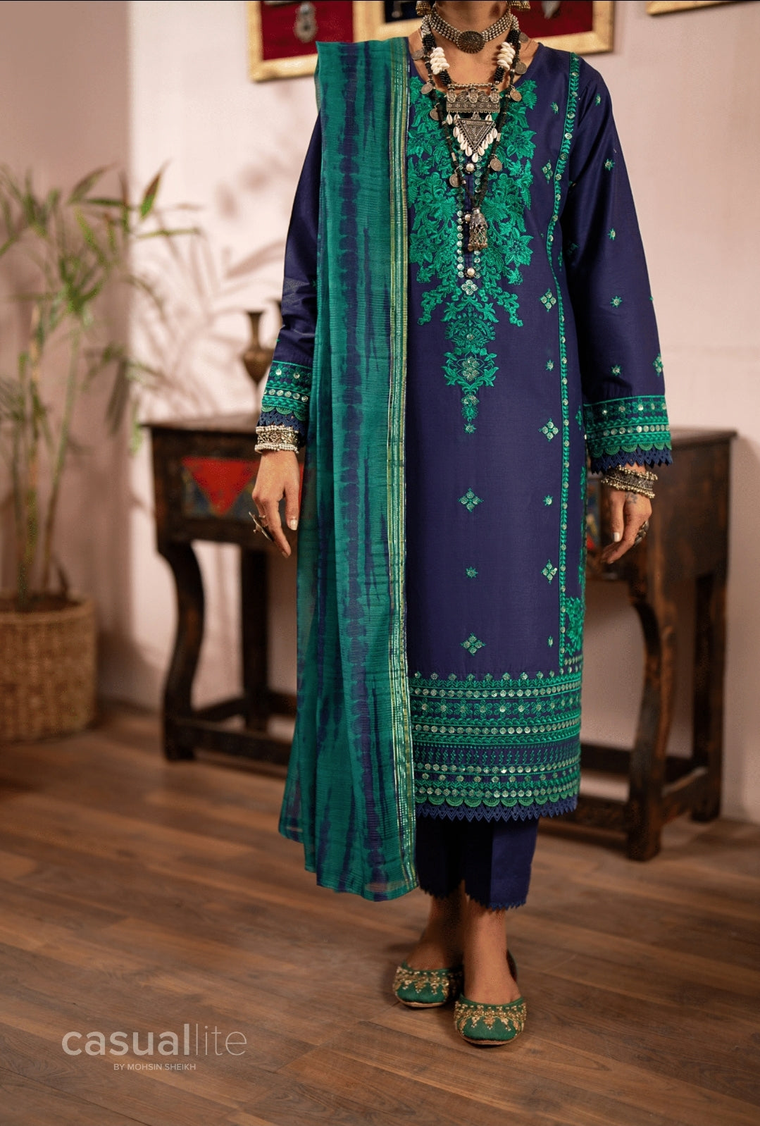 (Blue) 3 Pc Embroidered Cotton Collection - Casual lite