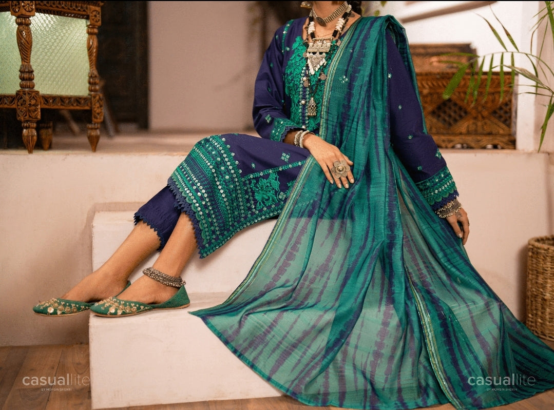 (Blue) 3 Pc Embroidered Cotton Collection - Casual lite