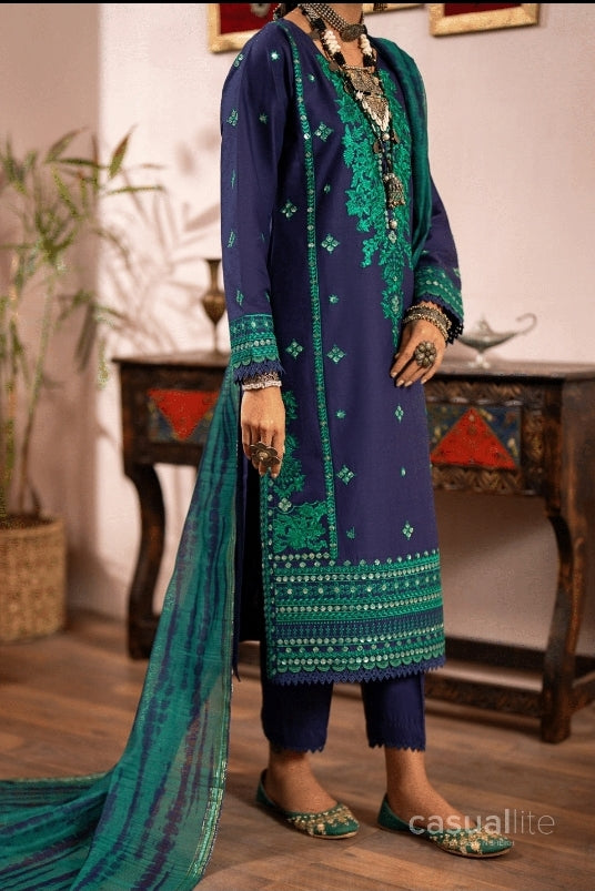 (Blue) 3 Pc Embroidered Cotton Collection - Casual lite