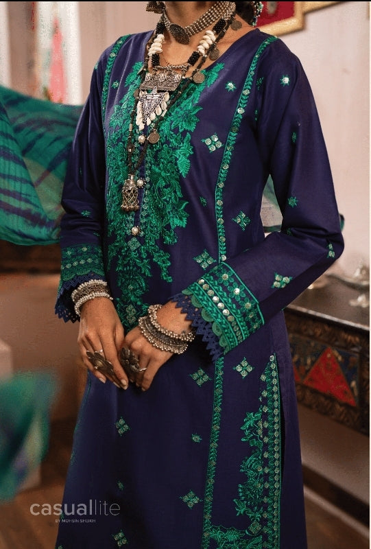 (Blue) 3 Pc Embroidered Cotton Collection - Casual lite