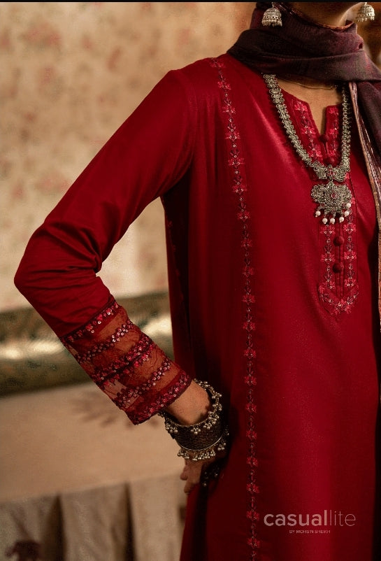 (Maroon) 3 Pc Embroidered Cotton Collection - Casual lite