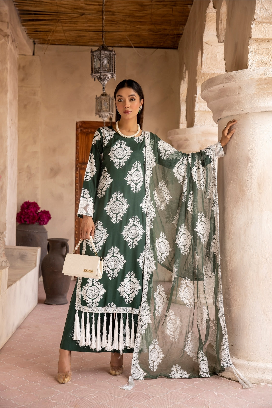 (GREEN) 3 Pc "Chand" Embroidered Linen Collection By SIMRANS