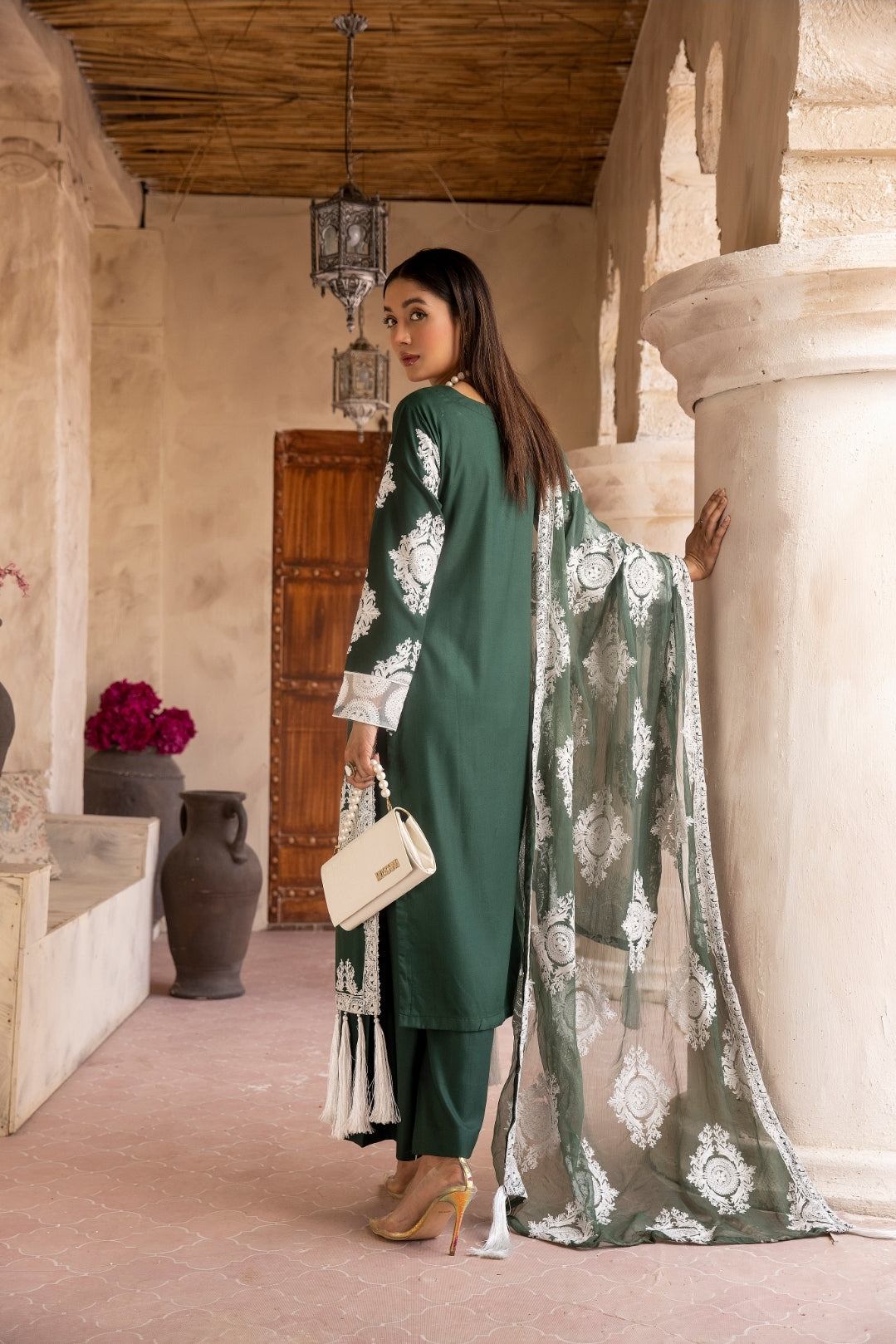 (GREEN) 3 Pc "Chand" Embroidered Linen Collection By SIMRANS