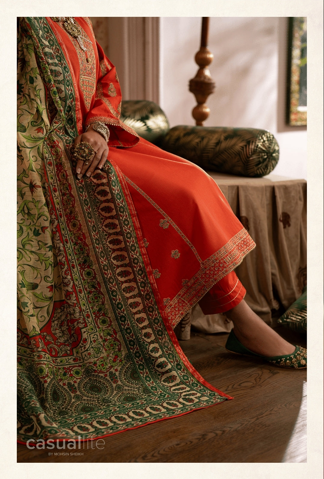 (Orange) 3 Pc Embroidered Cotton Collection - Casual lite