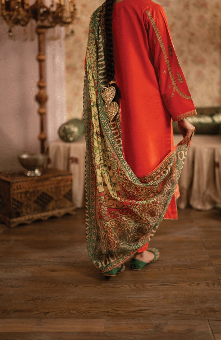 (Orange) 3 Pc Embroidered Cotton Collection - Casual lite