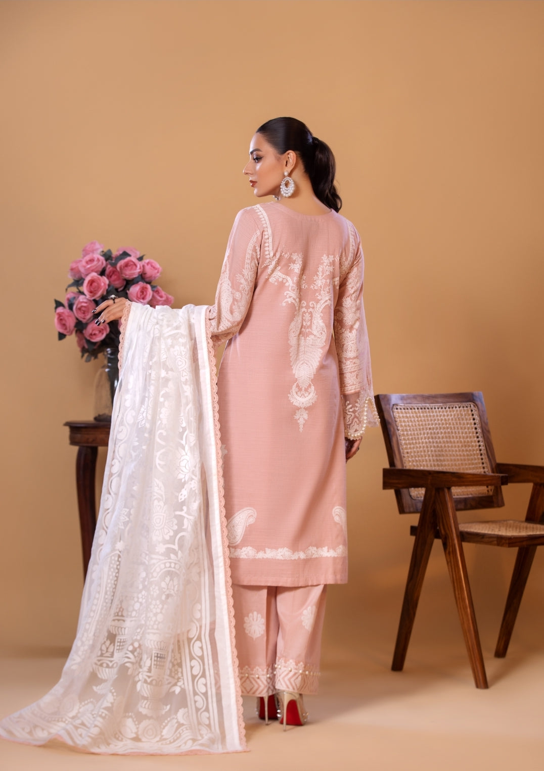 (Peach) 3 Pc Cotton Embroidered Dress - Heera's