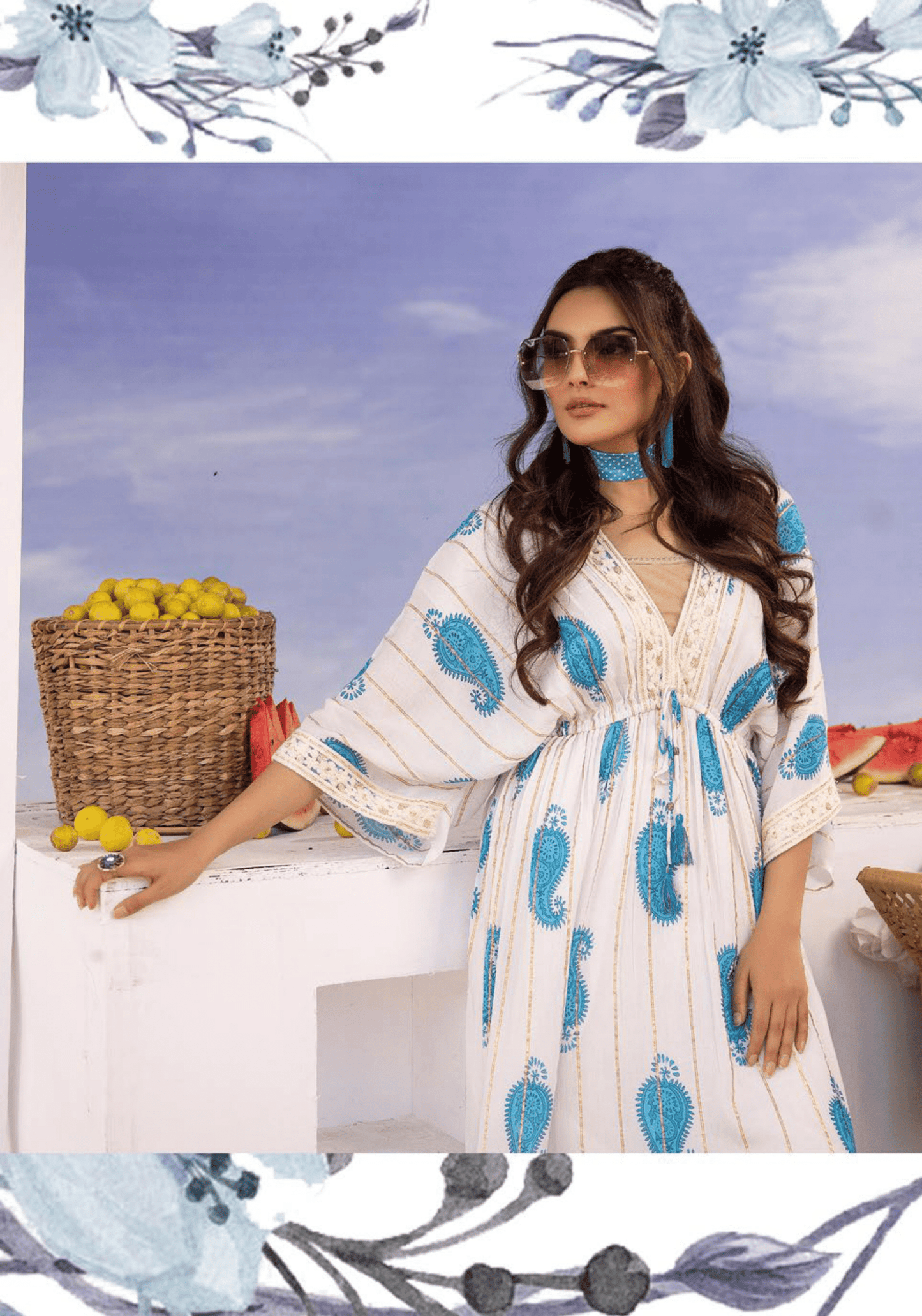 (Cream with Cool Blue) "Summer Sizzler" Long kaftan Style Maxi-By Simrans