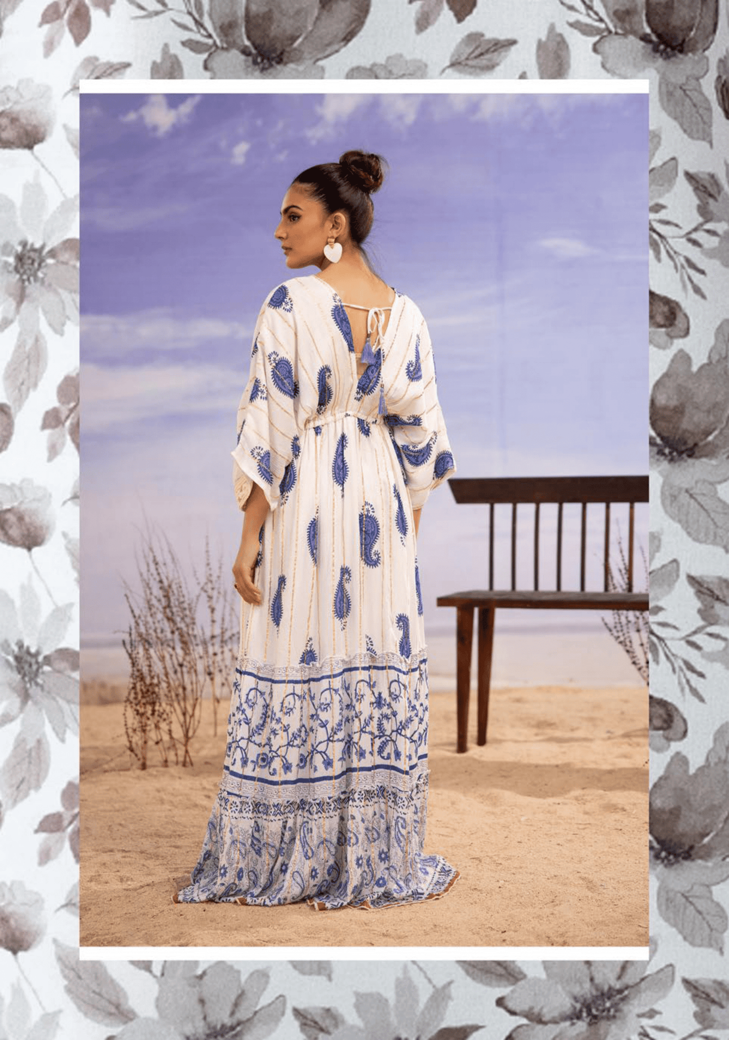 (Cream with Blue) "Summer Sizzler" Long kaftan Style Maxi-By Simrans
