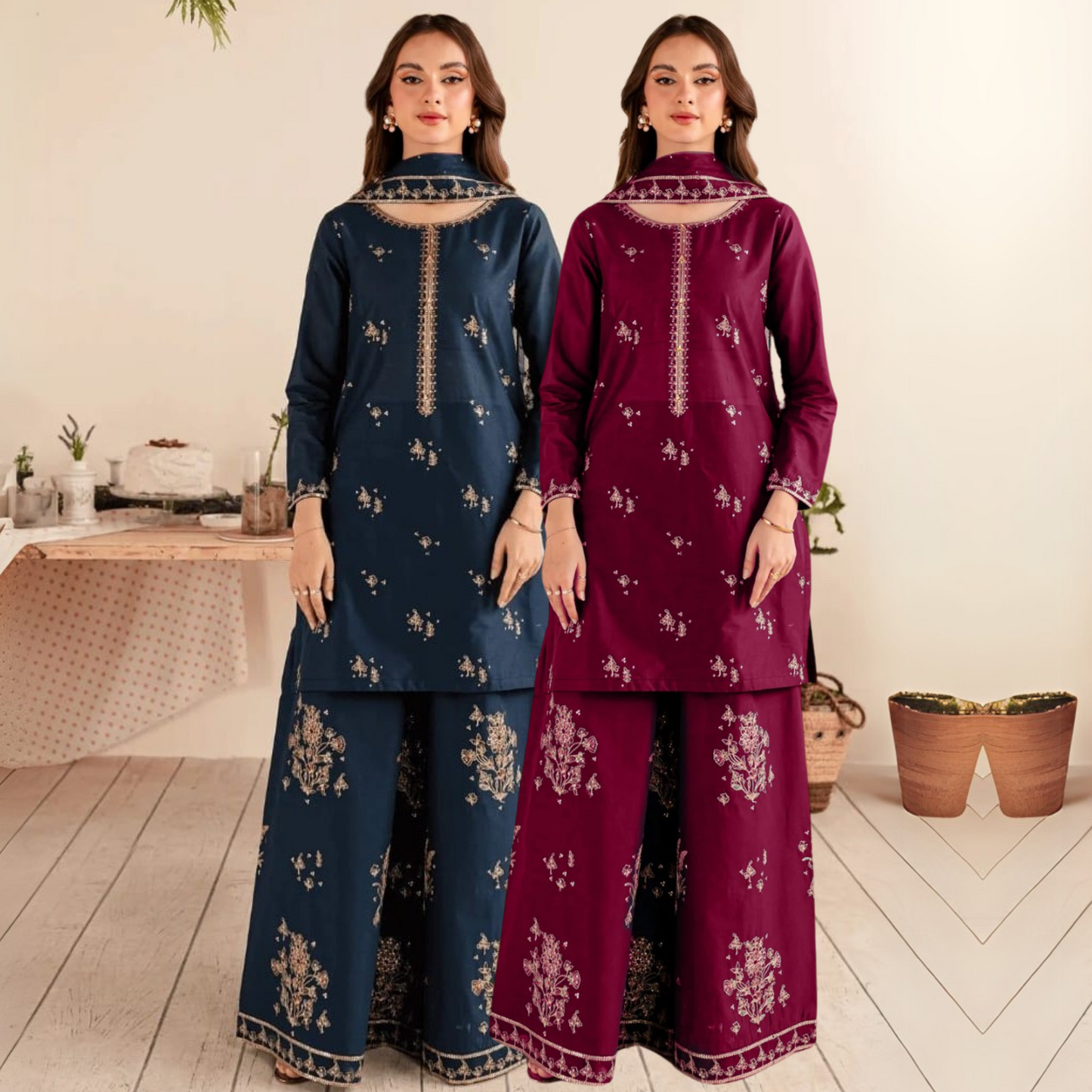 UA-39 3 Pc Embroidered Cotton Collection | Ready to Wear | UMNAA