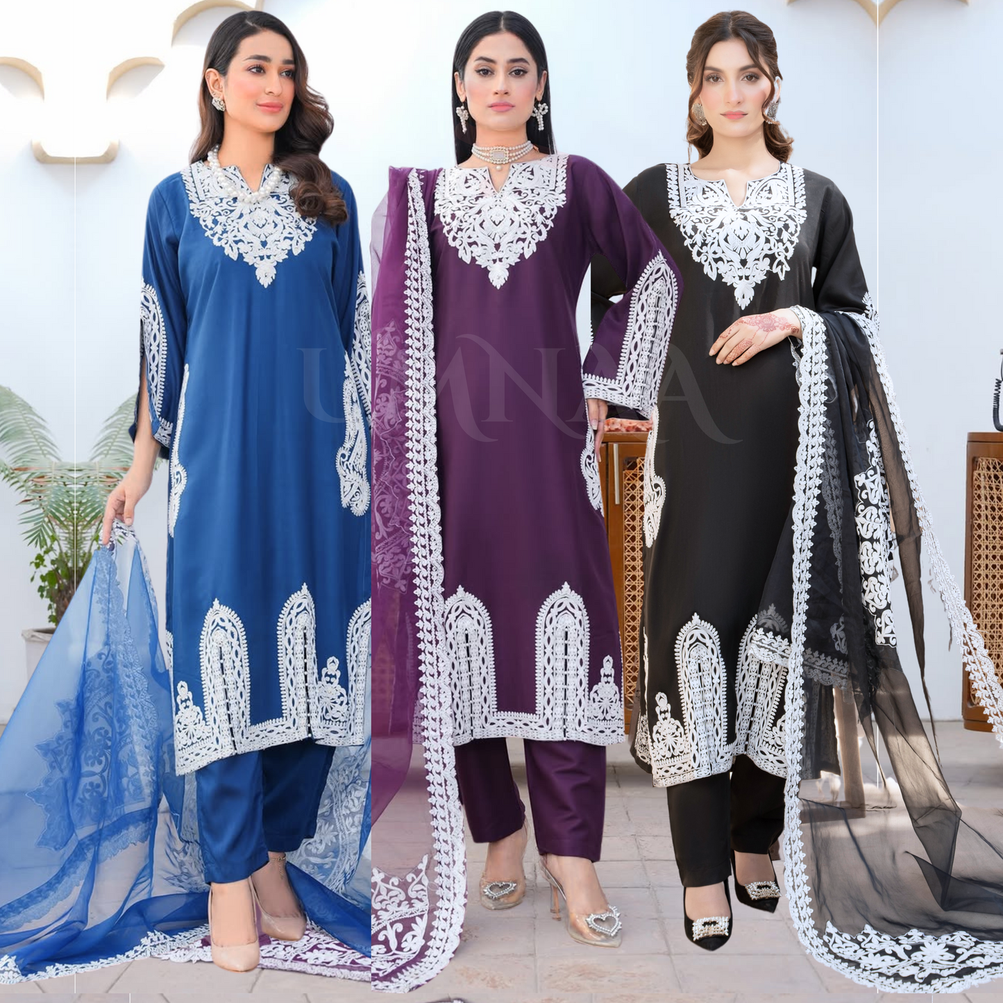 UA-61 Embroidered Viscose Linen 3 Pc Pakistani Dress | UMNAA