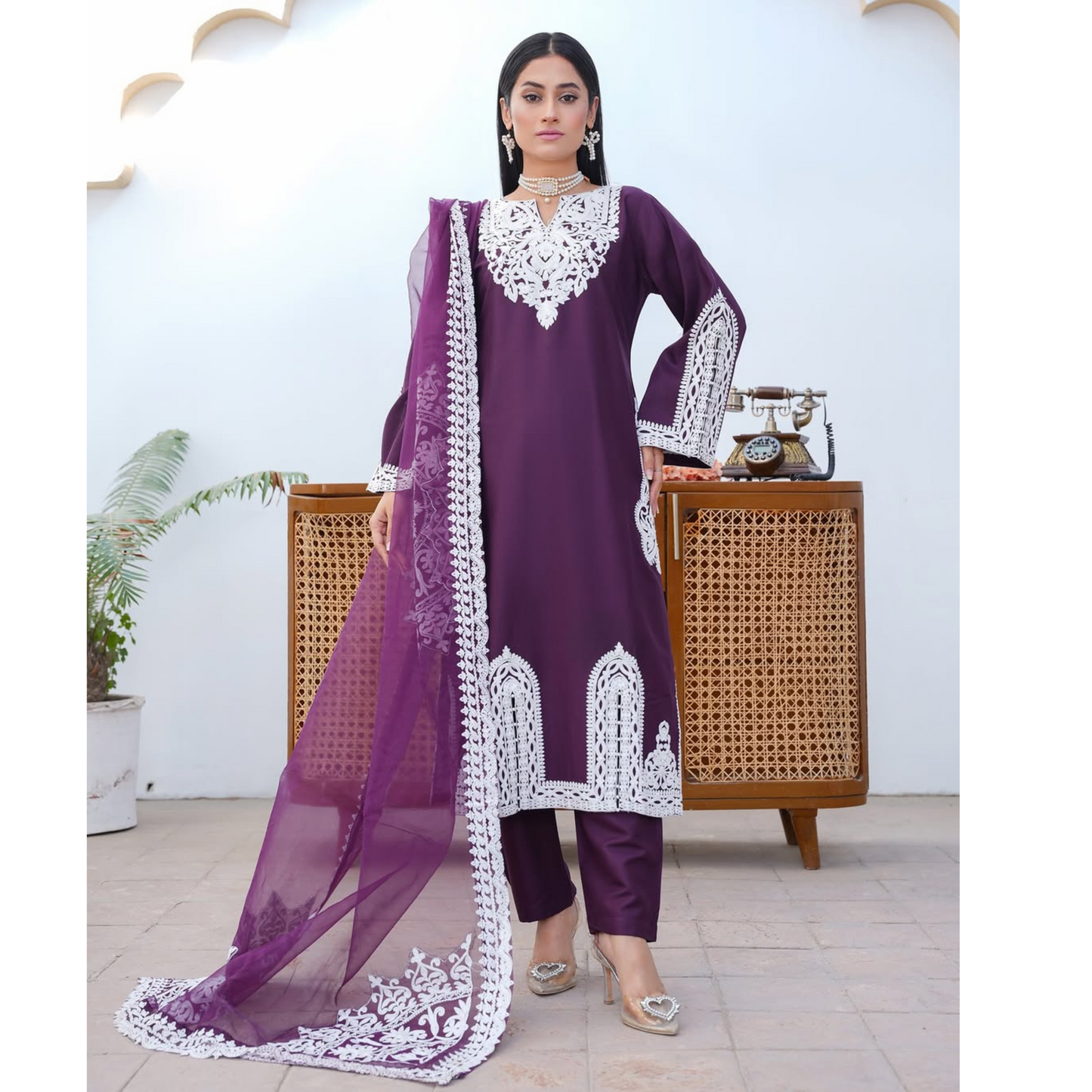 UA-61 Embroidered Viscose Linen 3 Pc Pakistani Dress | UMNAA