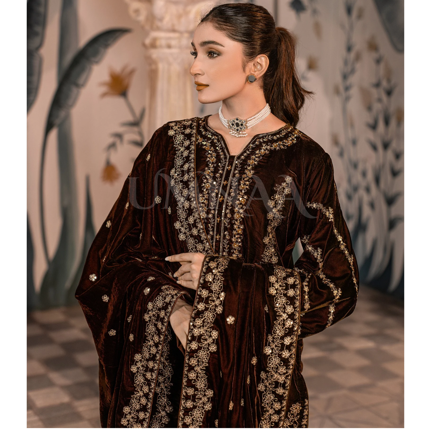 UA-123 Luxury Embroidered Micro Velvet Collection Pakistani Festive Partywear Dress by Umnaa