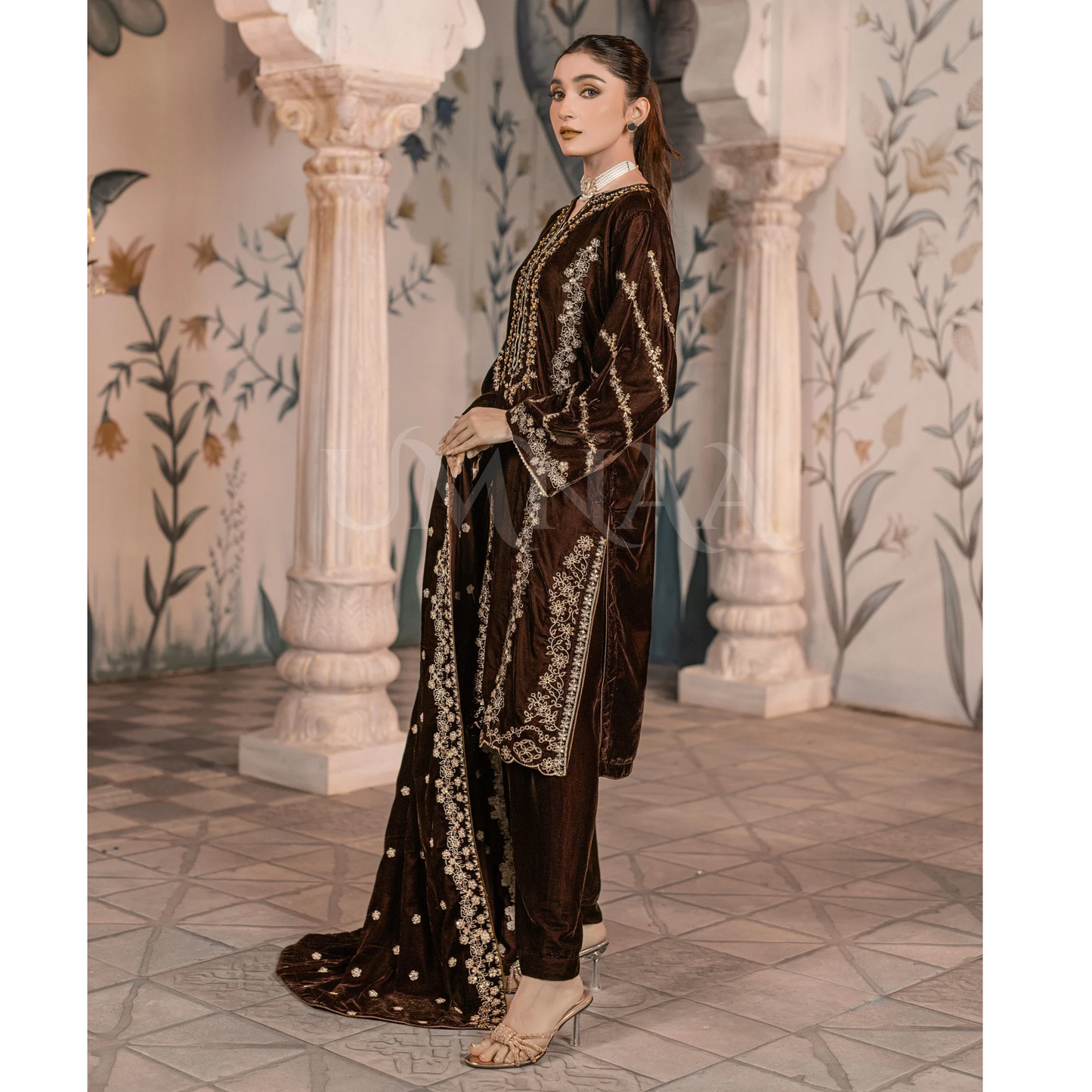 UA-123 Luxury Embroidered Micro Velvet Collection Pakistani Festive Partywear Dress by Umnaa