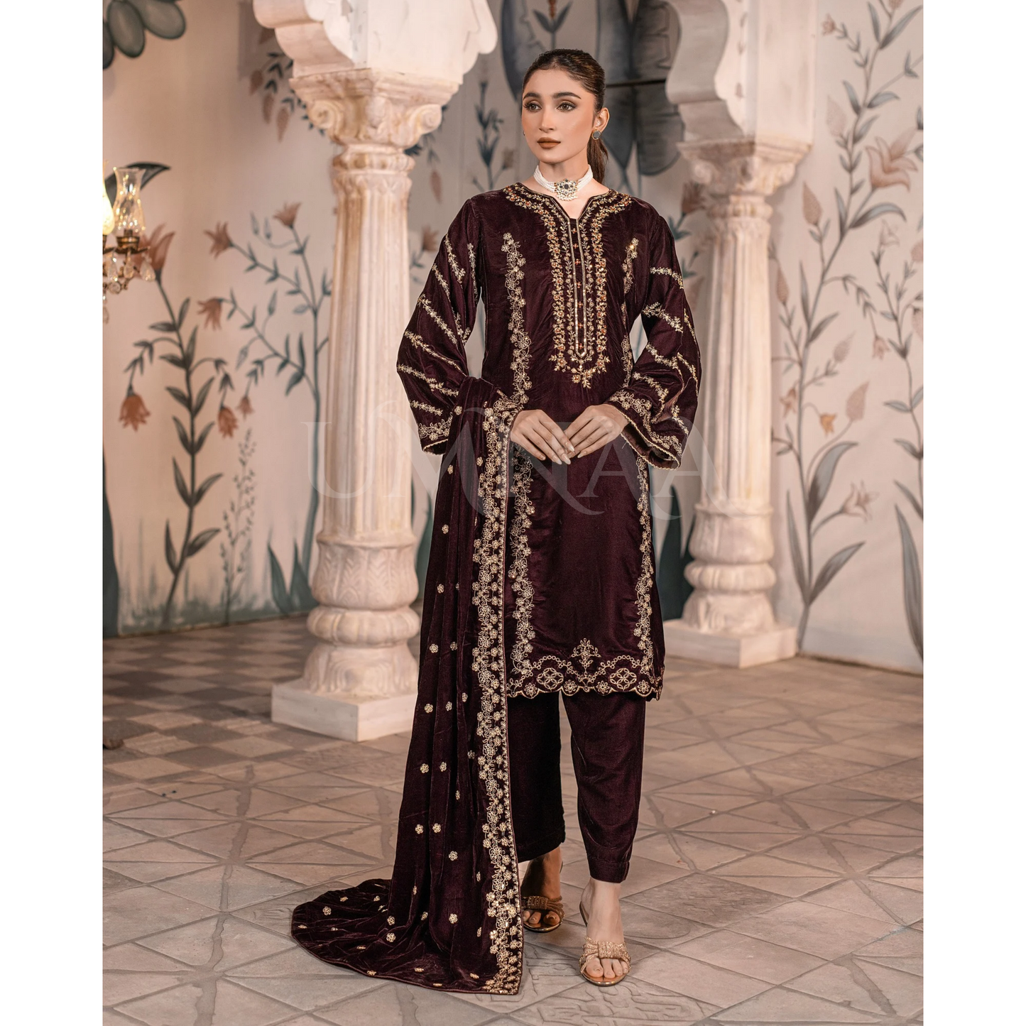 UA-123 Luxury Embroidered Micro Velvet Collection Pakistani Festive Partywear Dress by Umnaa