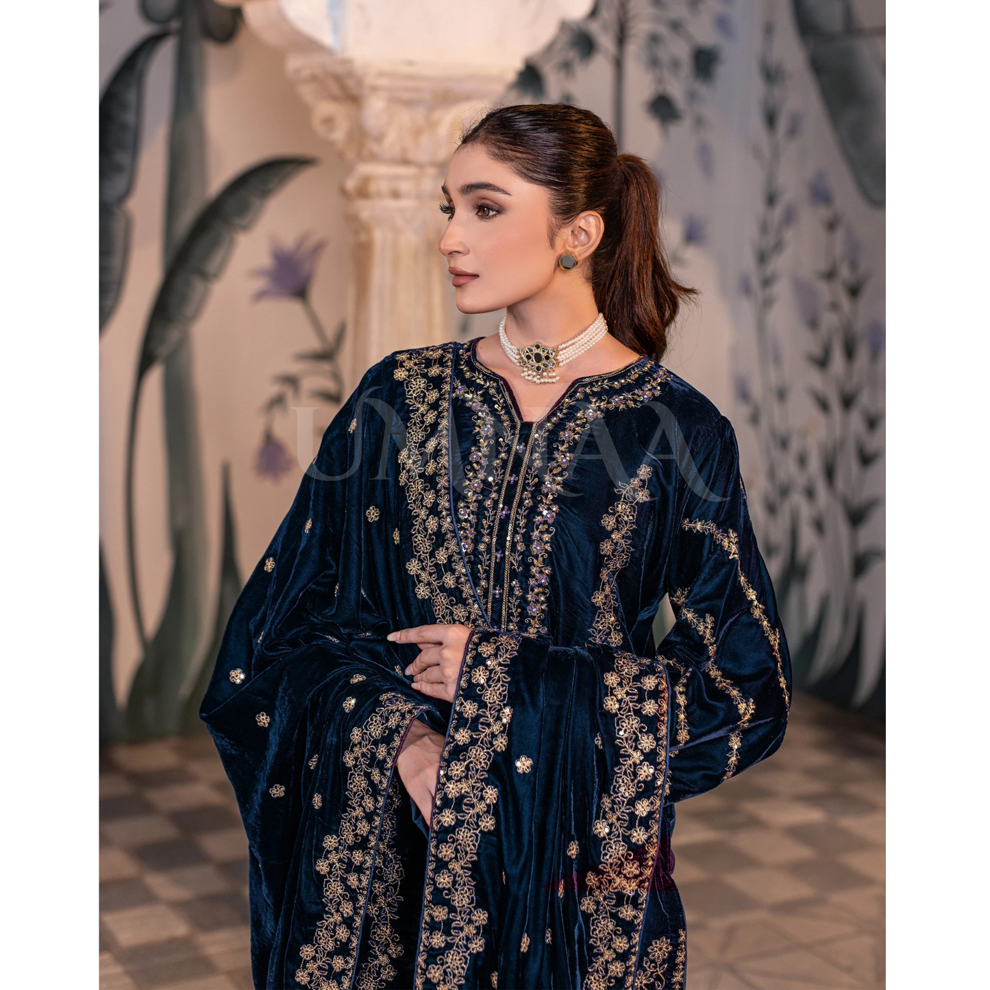 UA-123 Luxury Embroidered Micro Velvet Collection Pakistani Festive Partywear Dress by Umnaa
