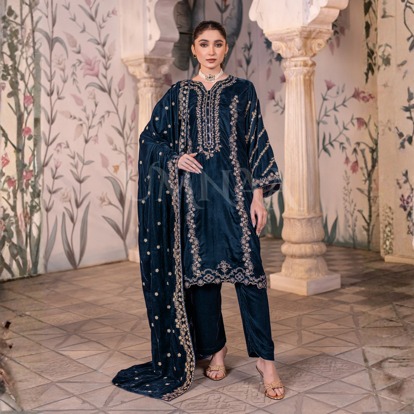 UA-123 Luxury Embroidered Micro Velvet Collection Pakistani Festive Partywear Dress by Umnaa