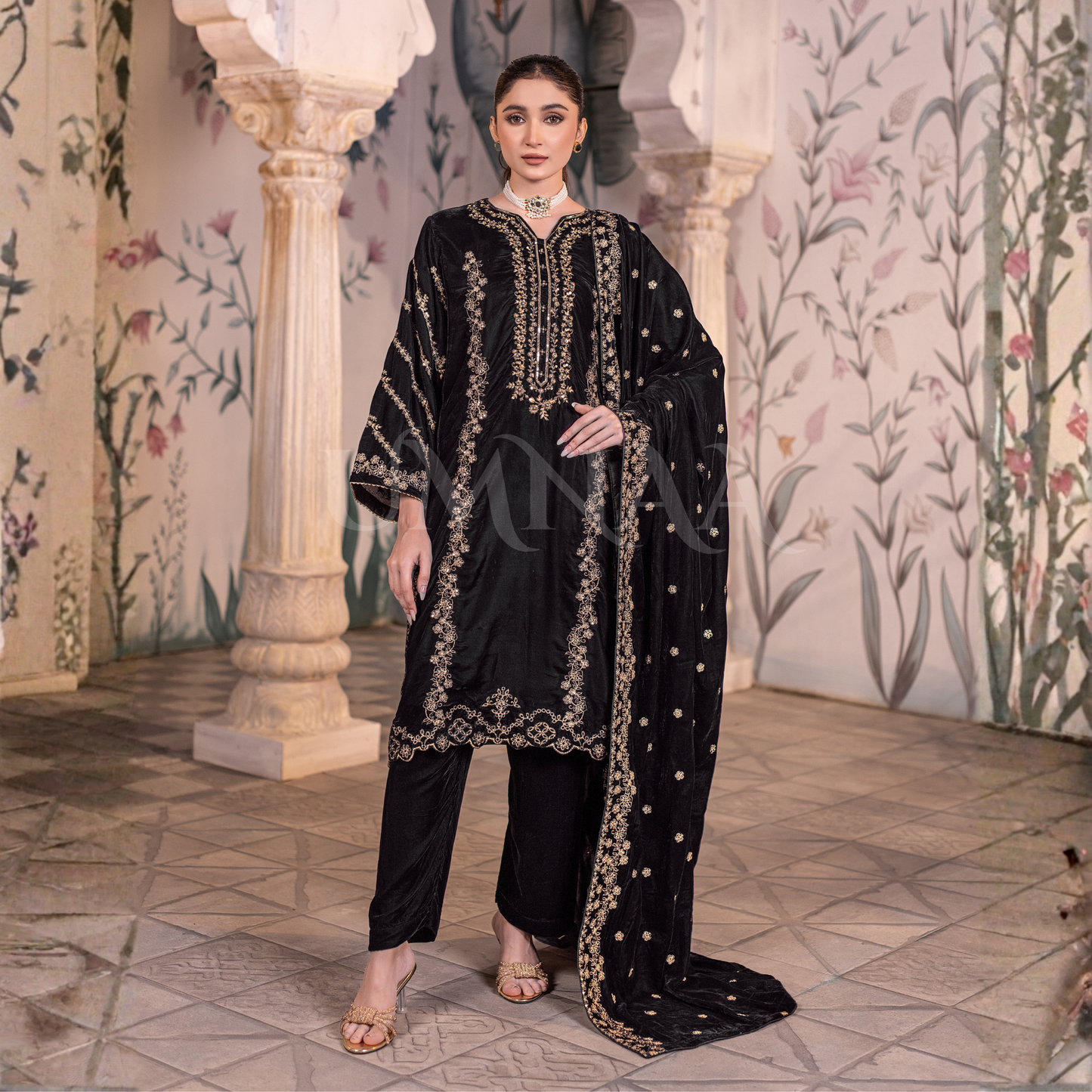 UA-123 Luxury Embroidered Micro Velvet Collection Pakistani Festive Partywear Dress by Umnaa