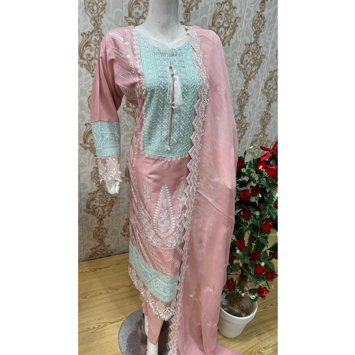 3 Pc Embroidered Linen Dress With Embroidered Chiffon Dupatta By UB