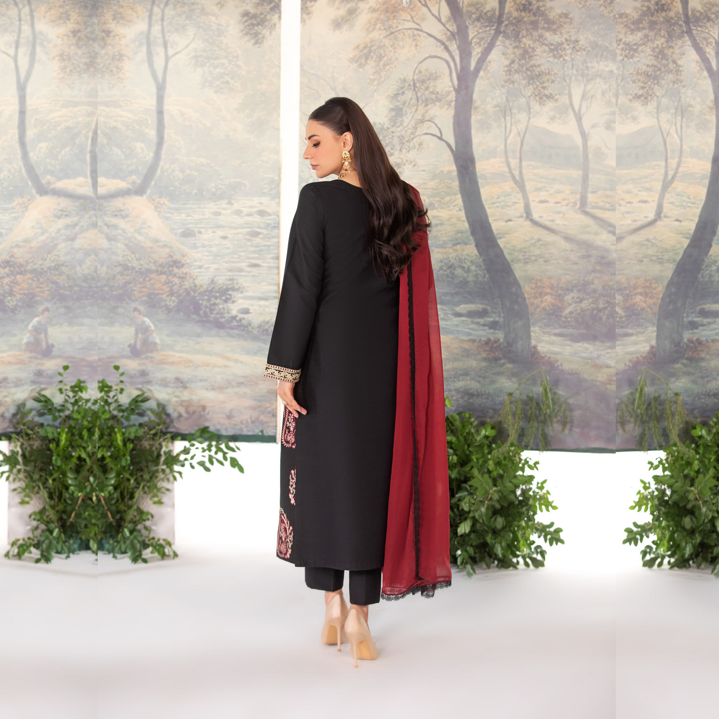 (Black) 3 Pc Embroidered Viscose Linen Pakistani Dress With Chiffon Dupatta | Winter Wear | Heera's