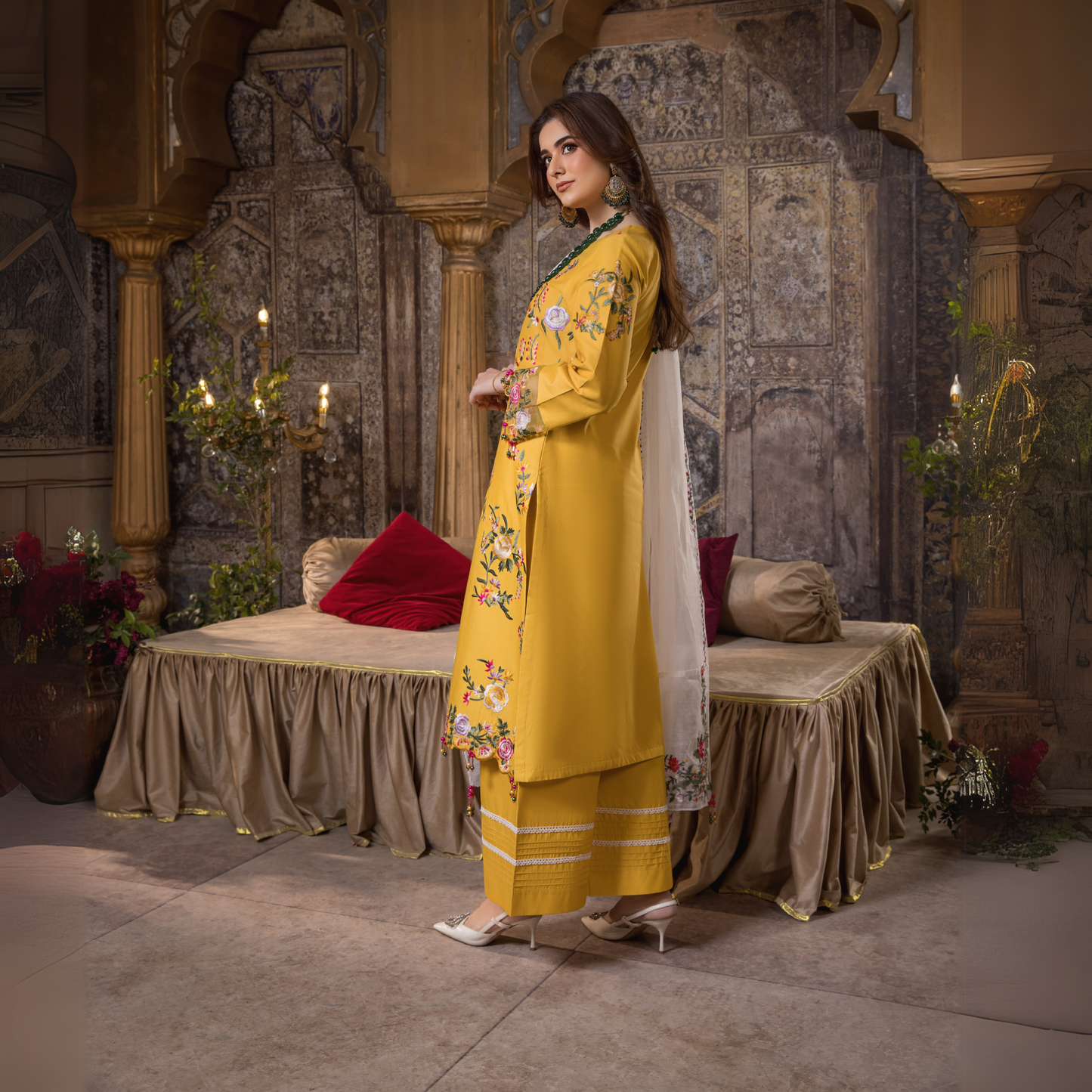 (Yellow) 3 Pc Embroidered Cambric Cotton Ready to Wear Dress | Eid Wear | Heera's