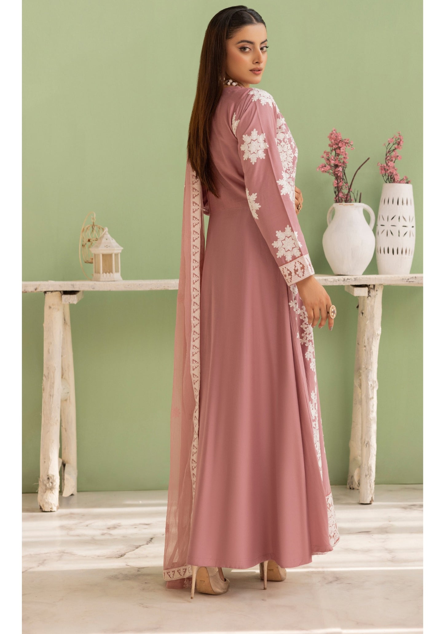 Mauve | Embroidered Linen Long Frock (Maxi) | 3 Pc | Ready-to-wear | Simrans