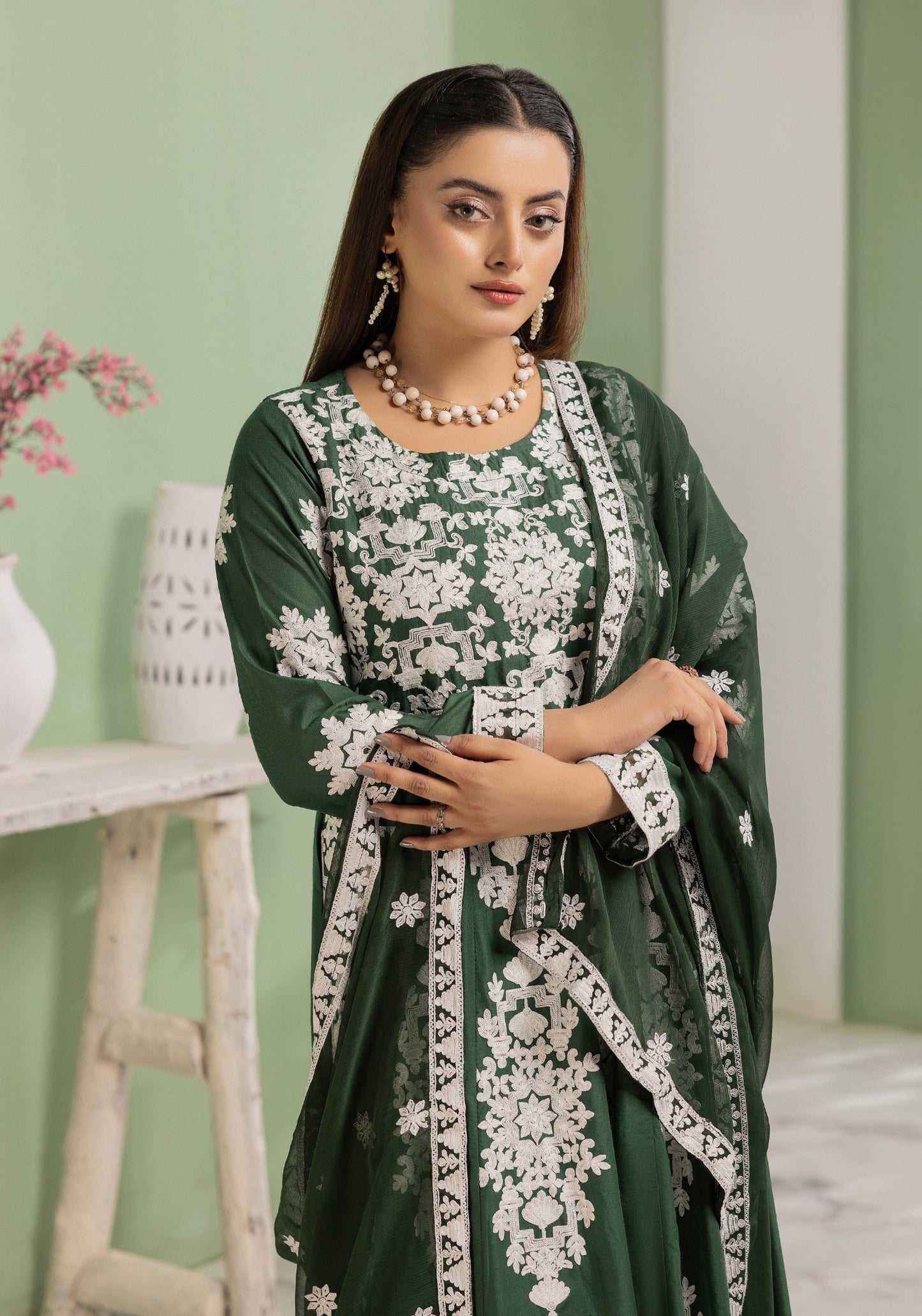 Green | Embroidered Linen Long Frock (Maxi) | 3 Pc | Ready-to-wear | Simrans