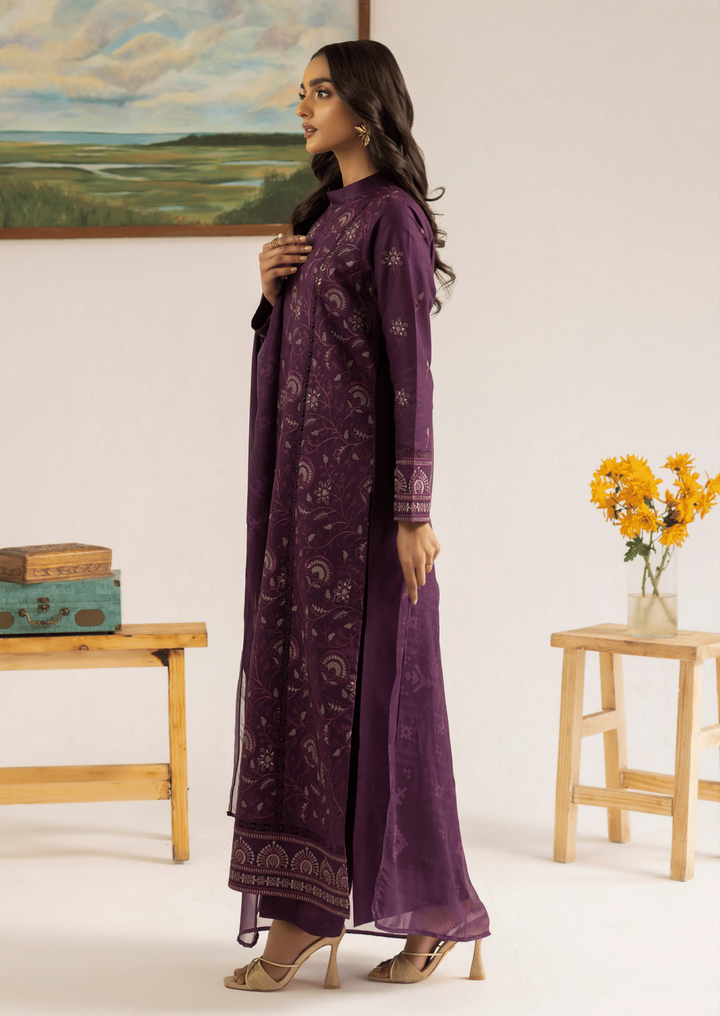 Plum 3 Piece Embroidered Lawn Dress - Esra Fashion