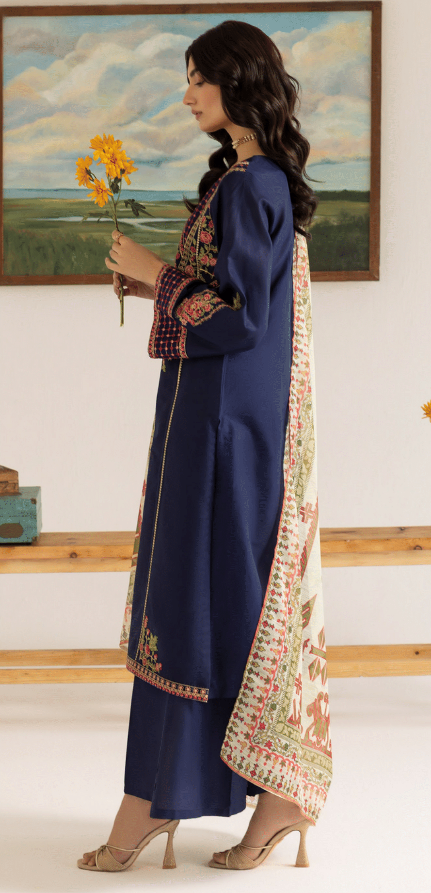 Blue 3 Piece Embroidered Lawn Dress - Esra Fashion