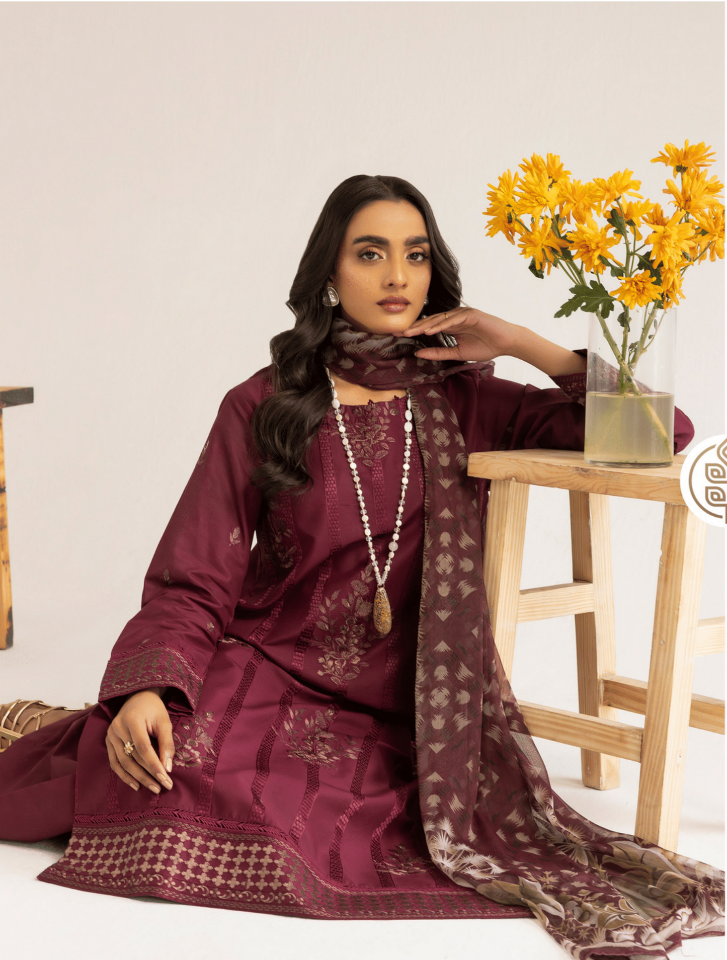 Maroon 3 Piece Embroidered Lawn Dress - Esra Fashion