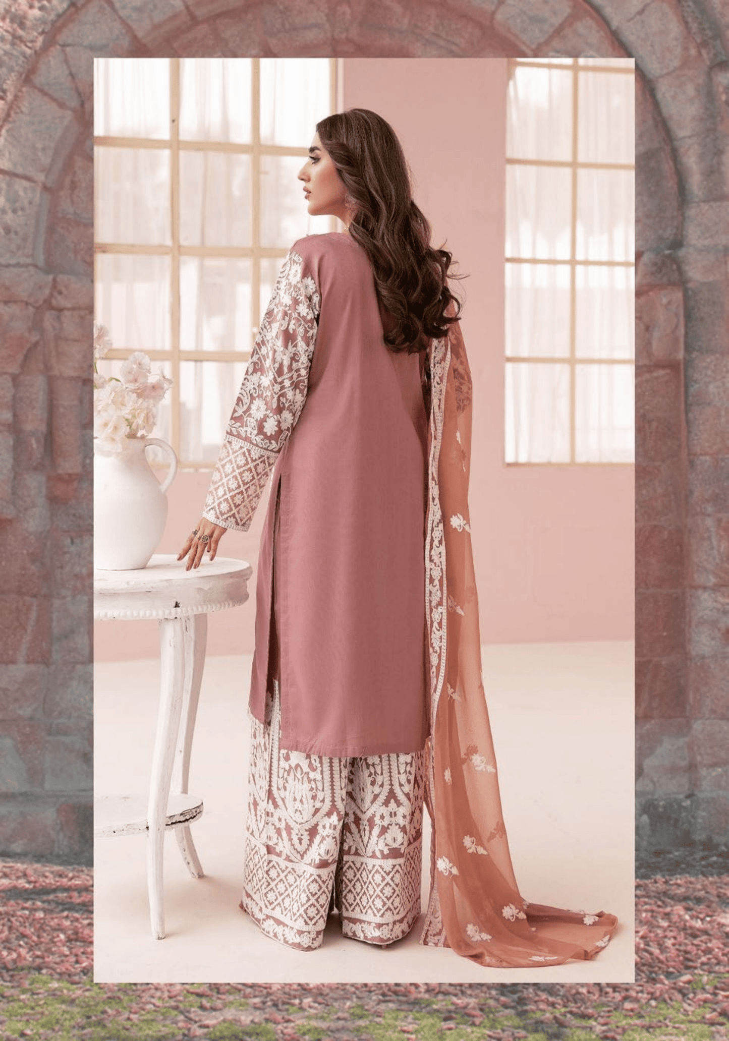 (Pink) "Fiza" Embroidered Linen 3 Pc Dress By Simrans