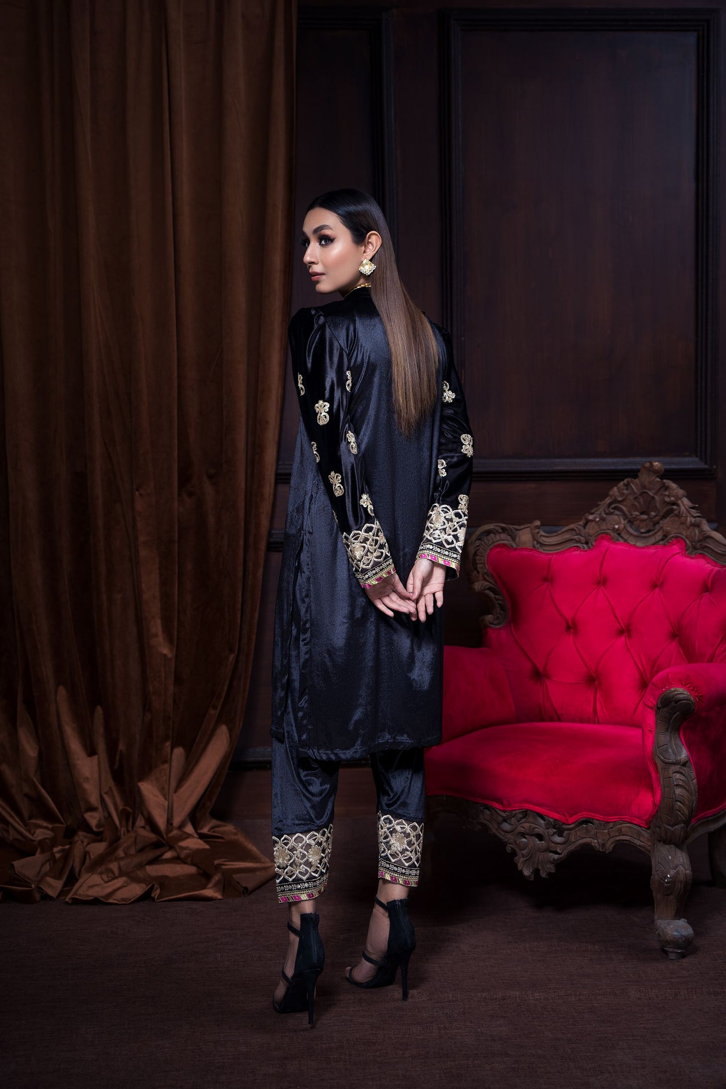 Black Luxury Velvet | 2 Piece Embroidered | Tilla Embroidery On Neck