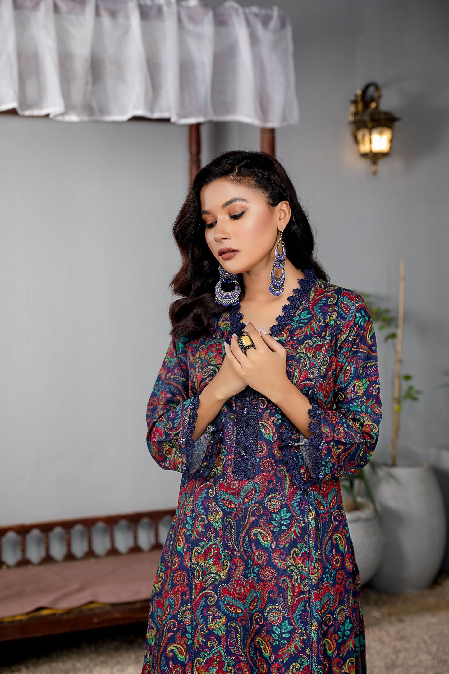 Navy printed 2 piece dress-Munira