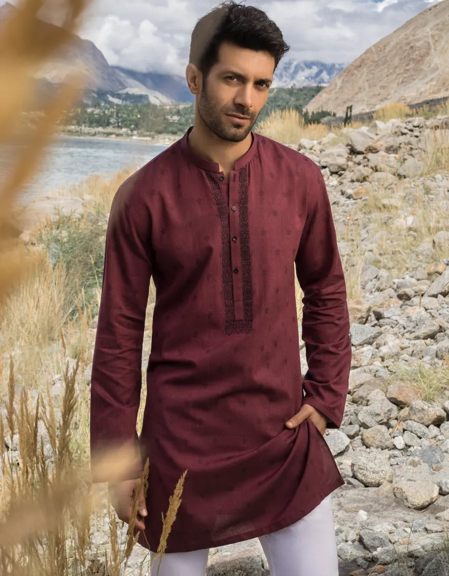 MENS DULL RED BUNNAT KURTA BY J.
