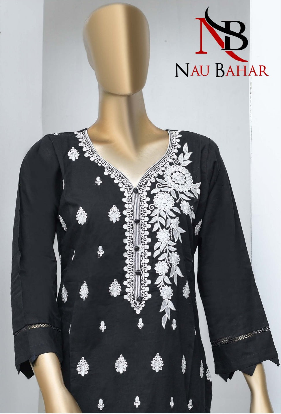 3Pcs Black&White Embroidered lawn Dress -Naubahar