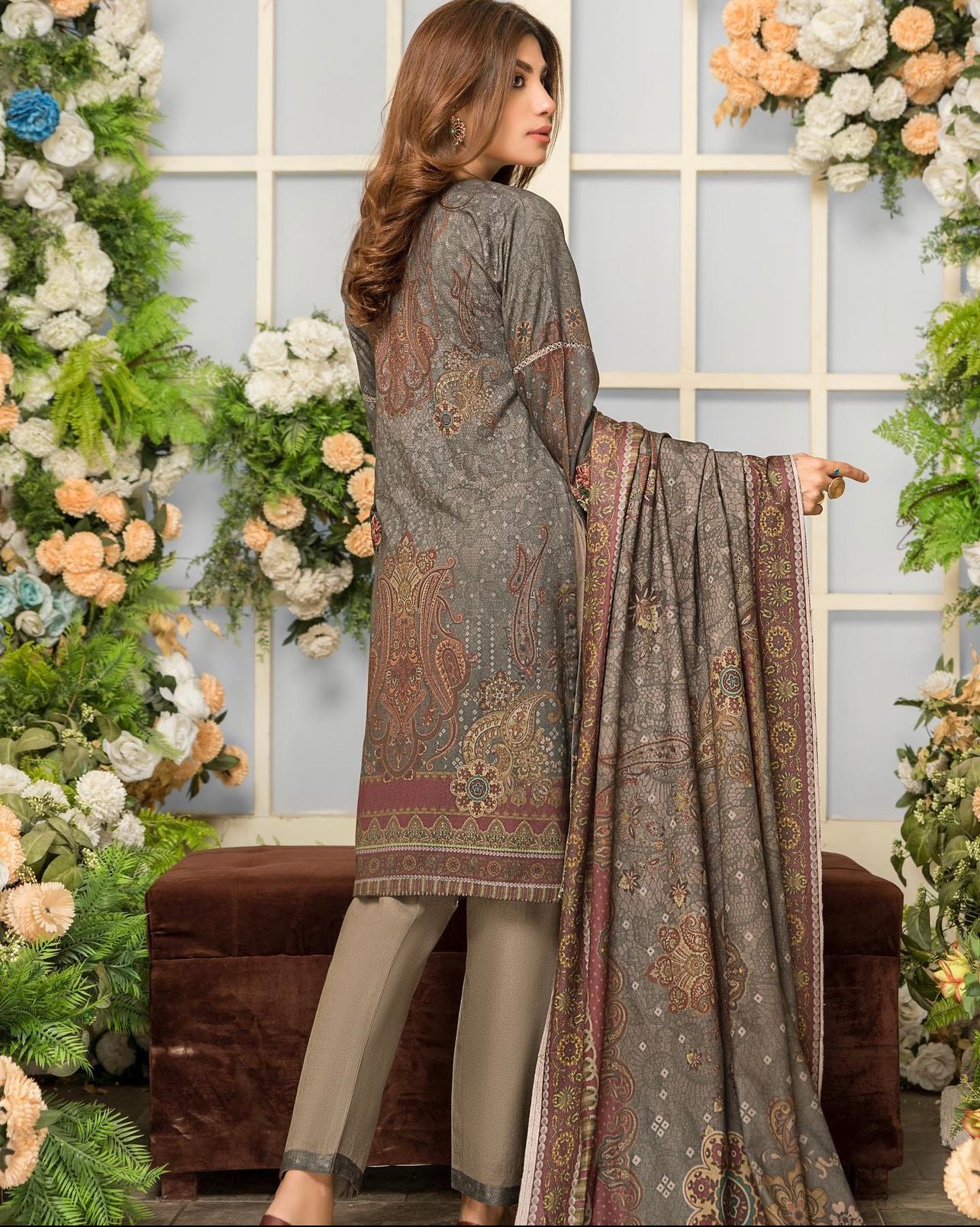 Beige dhanak 3 piece embroidered dress-Munira