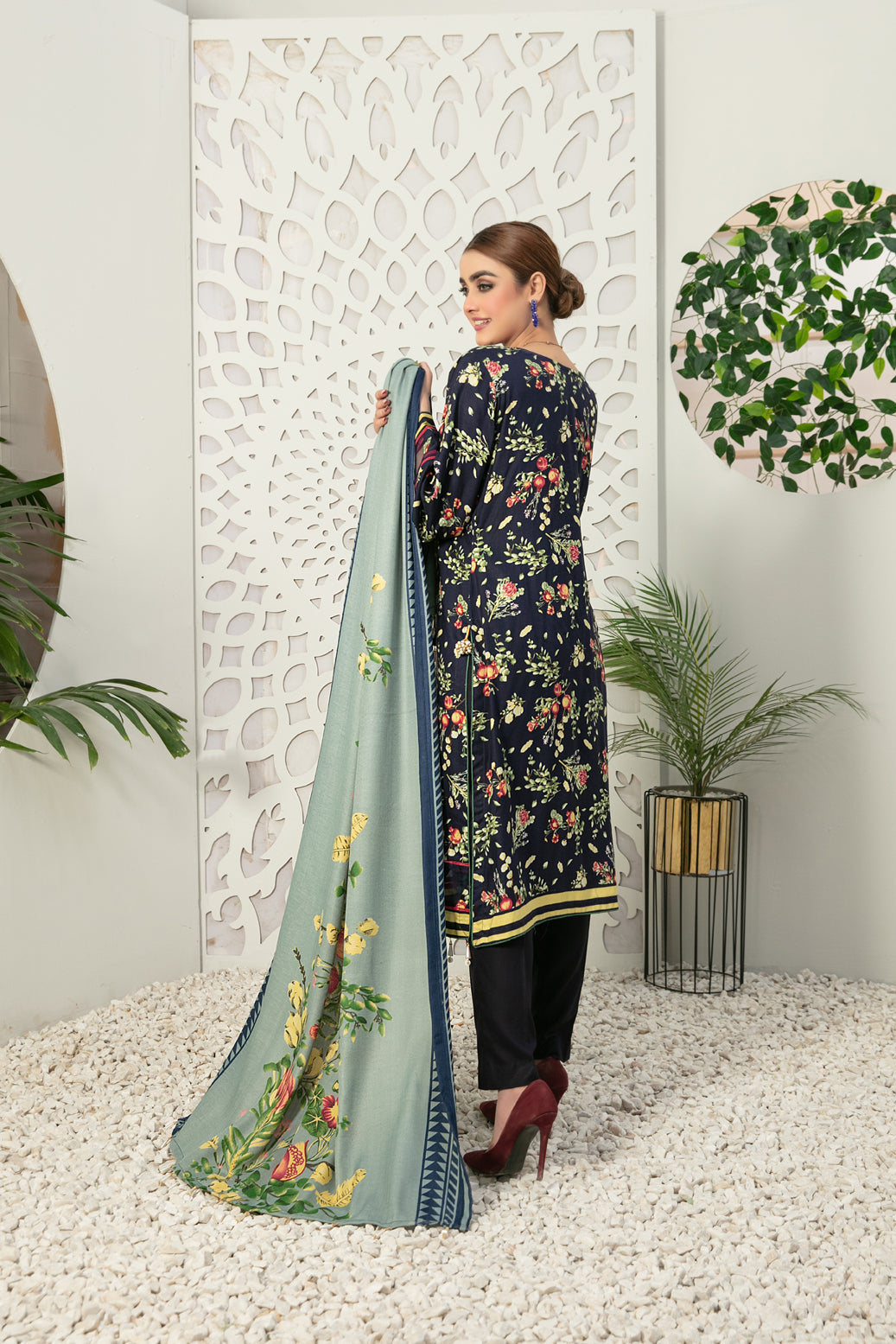Navy 3 Piece stitched Embroidered Digital Printed Linen-Tawakkal