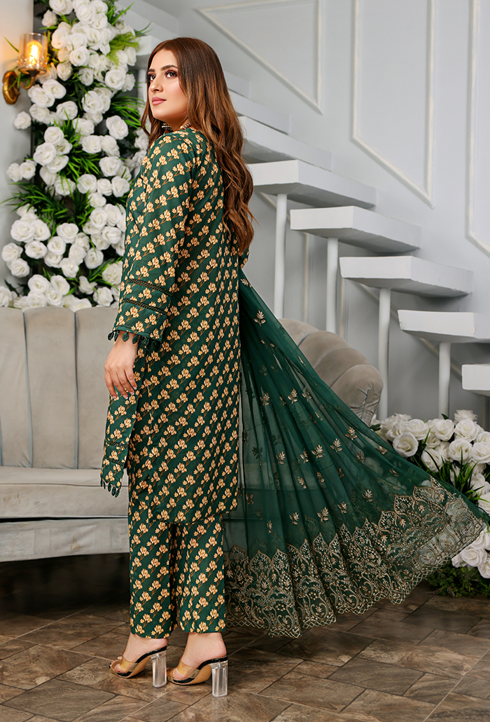 Green printed +embroidered lawn Dress-Humdum