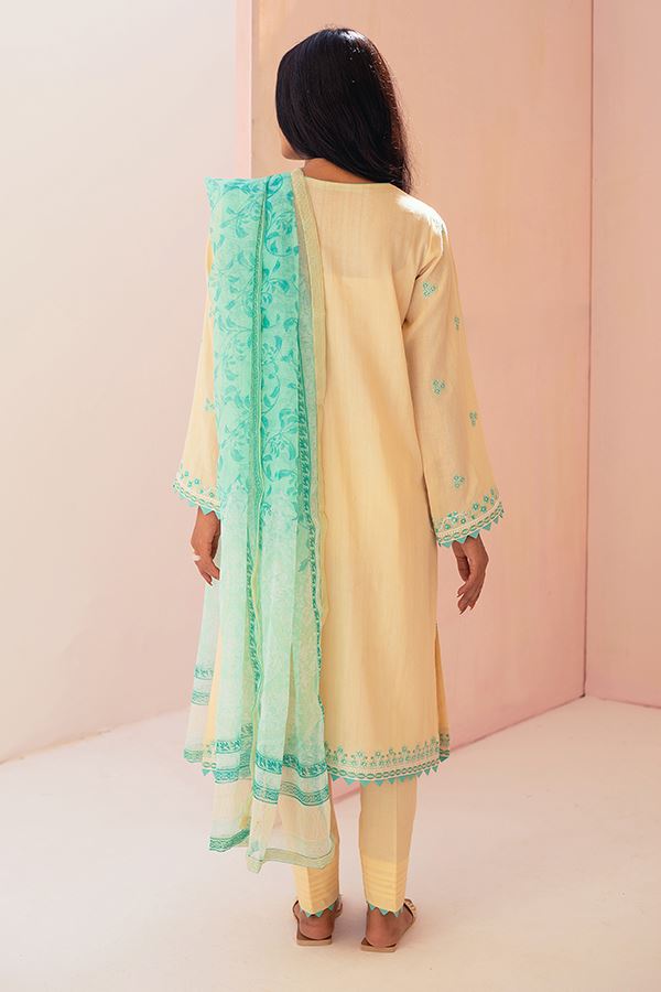 Pastel Yellow Embroidered Yarn Dyed Suit-Zellbury