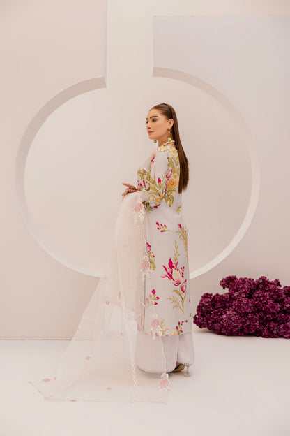Grey | Floral Printed Embroidered Linen | 3 Pc | Ready-to-wear Dress - Simrans