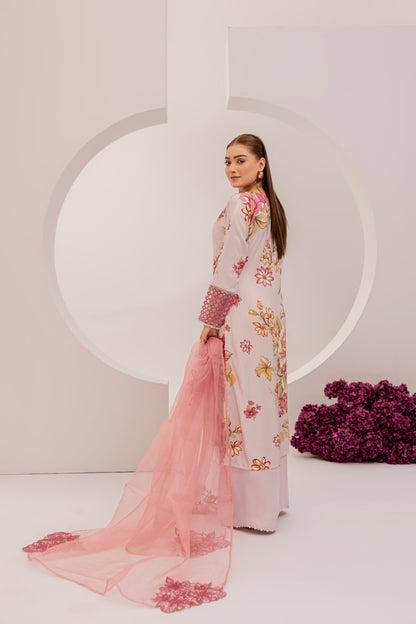 Pinkish Grey | Floral Printed Embroidered Linen | 3 Pc | Ready-to-wear Dress - Simrans