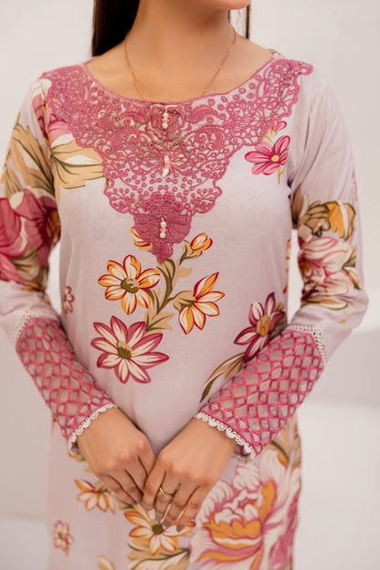 Pinkish Grey | Floral Printed Embroidered Linen | 3 Pc | Ready-to-wear Dress - Simrans