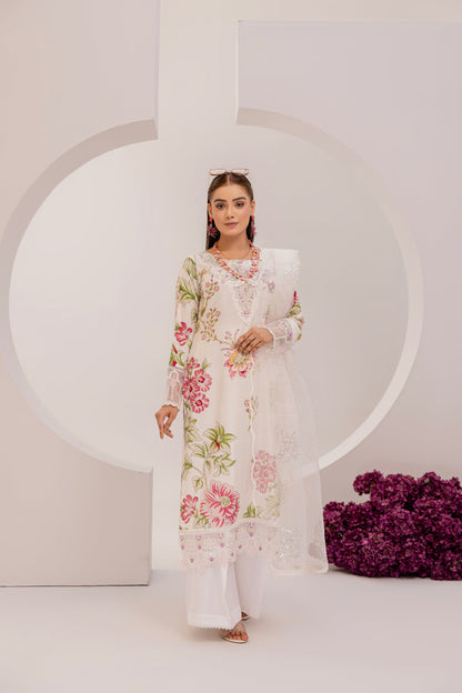 Cream | Floral Printed Embroidered Linen | 3 Pc | Ready-to-wear Dress - Simrans
