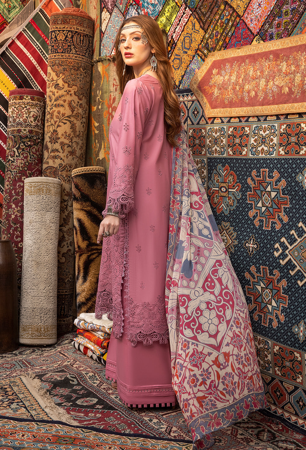 (Pink) Chikenkari Lawn Ready to Wear 3 Pc Dress-Adan's Libas