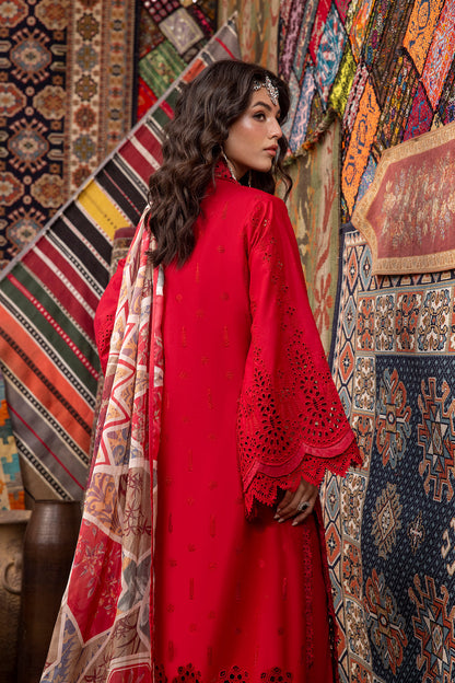(Bright Red) Chikenkari Lawn Ready to Wear 3 Pc Dress-Adan's Libas