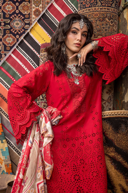 (Bright Red) Chikenkari Lawn Ready to Wear 3 Pc Dress-Adan's Libas